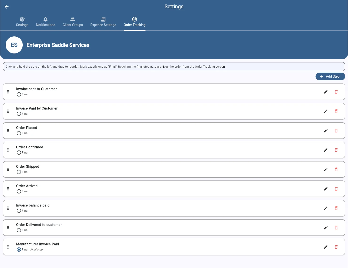 SaddleWorks order tracking settings with customizable workflow steps
