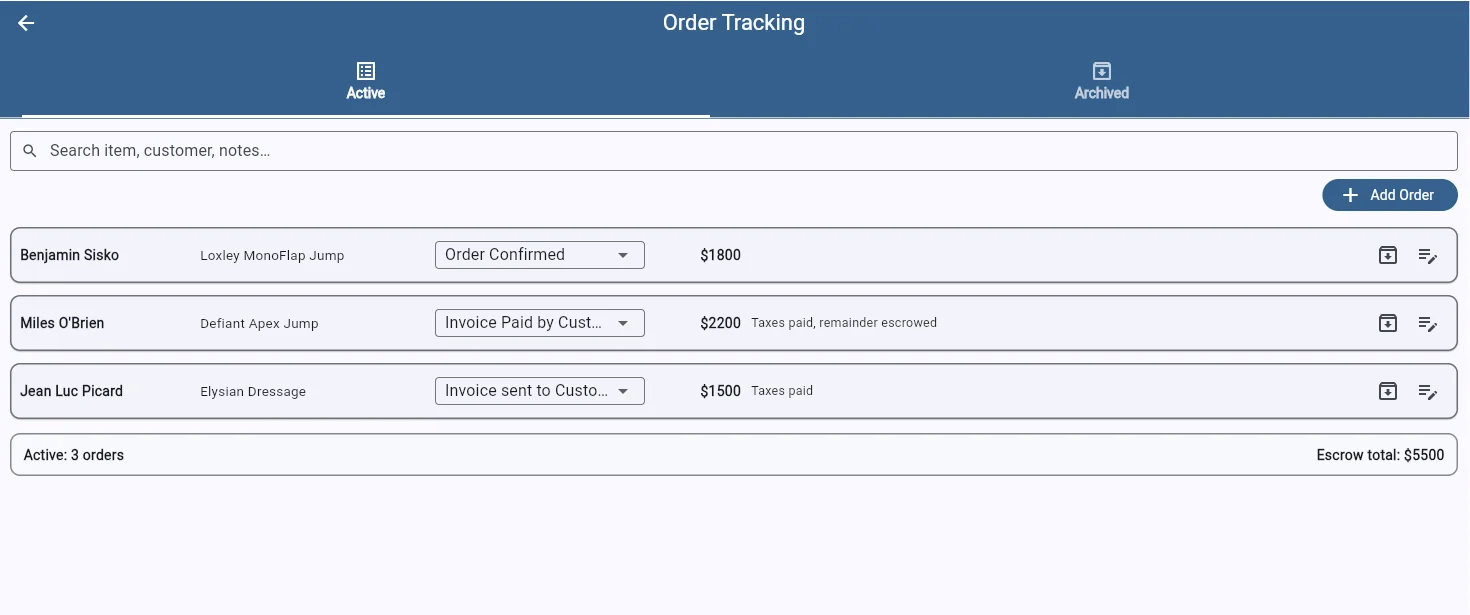 SaddleWorks order tracking dashboard showing active orders with status, customer, and escrow totals
