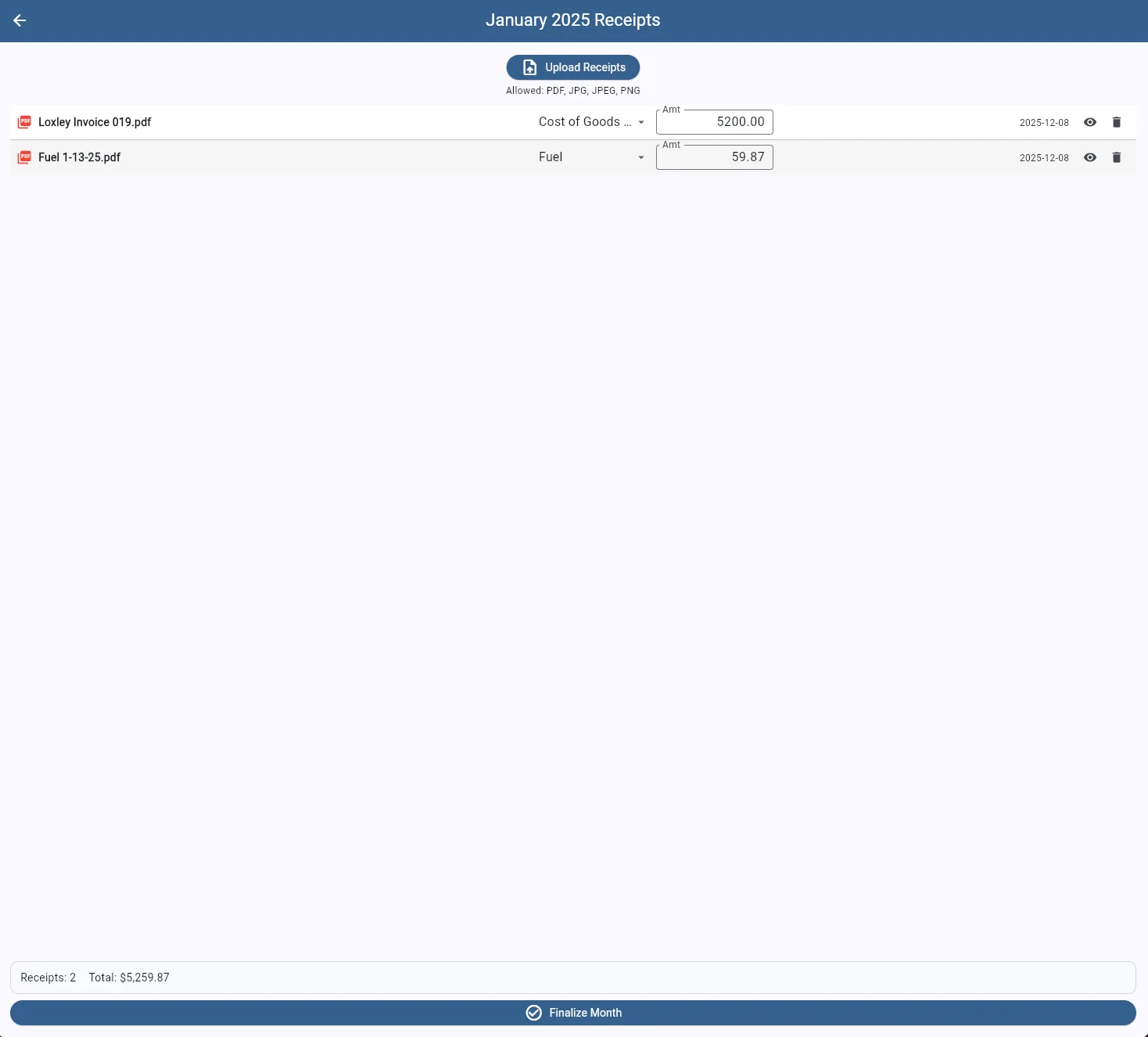 SaddleWorks receipts dashboard showing uploaded receipts with expense categories and amounts