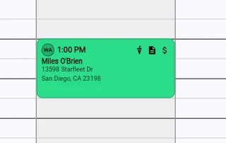 SaddleWorks appointment card showing staff initials, indoor arena indicator, report status, and invoice status icons