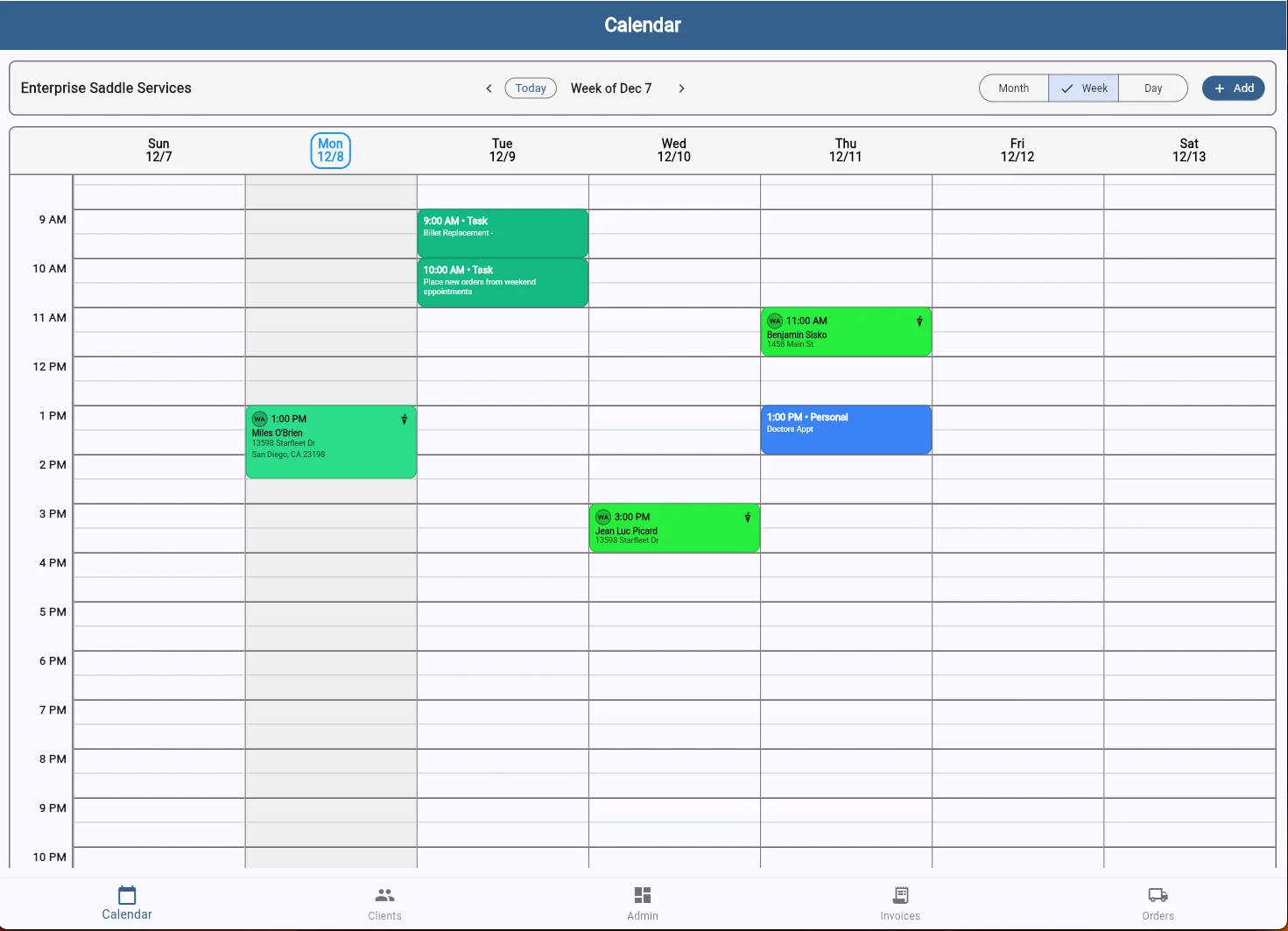 SaddleWorks calendar week view showing appointments across multiple days with color-coded events