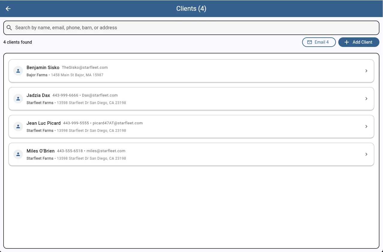 SaddleWorks client list showing searchable contacts with name, email, phone, and barn information
