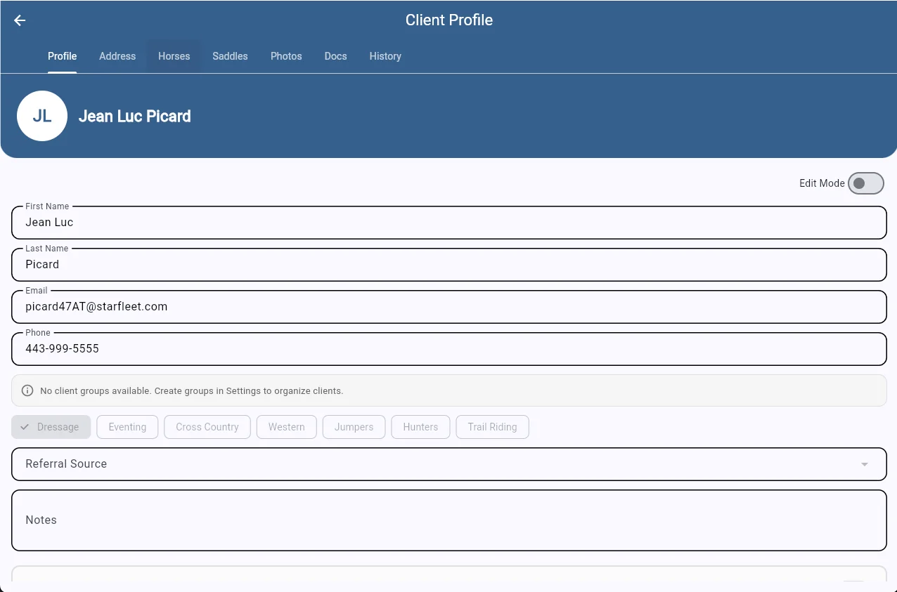 SaddleWorks client profile with contact details, discipline tags, referral source, and notes