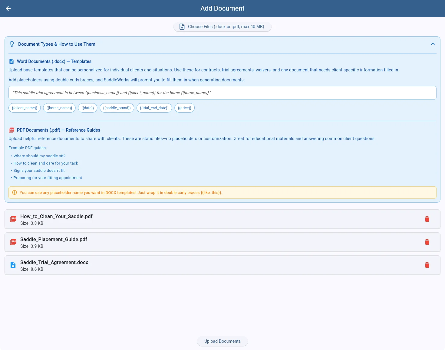 SaddleWorks add document page with placeholder guide showing how to create templates and upload reference PDFs