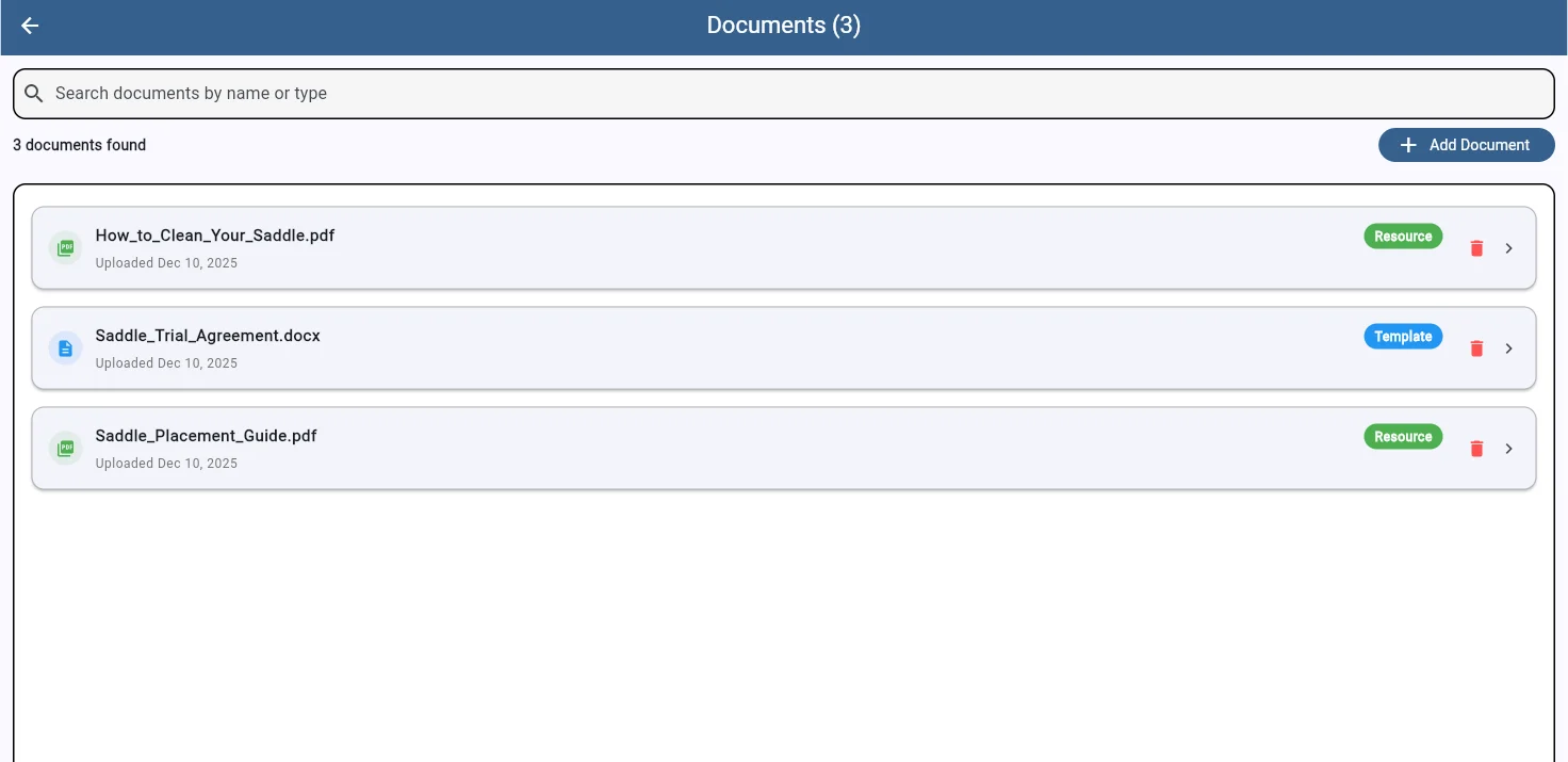 SaddleWorks document library showing templates and reference guides with upload dates and document types