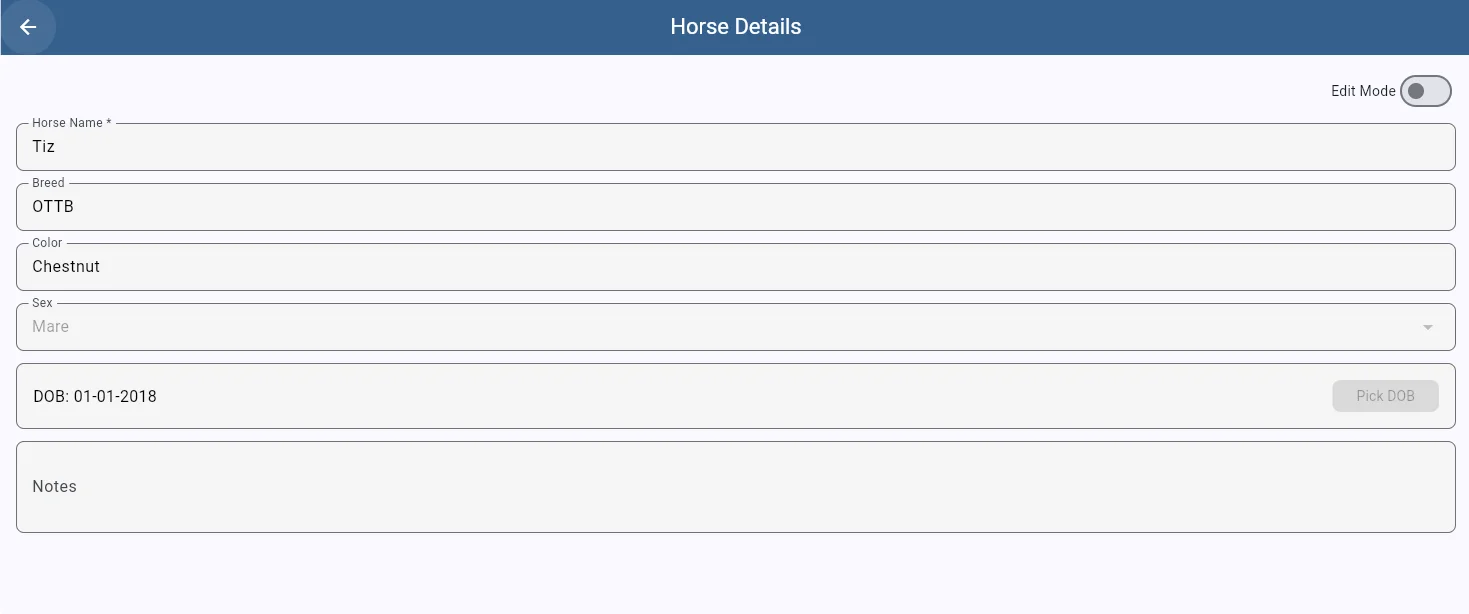 SaddleWorks horse details form with fields for name, breed, color, sex, date of birth, and notes