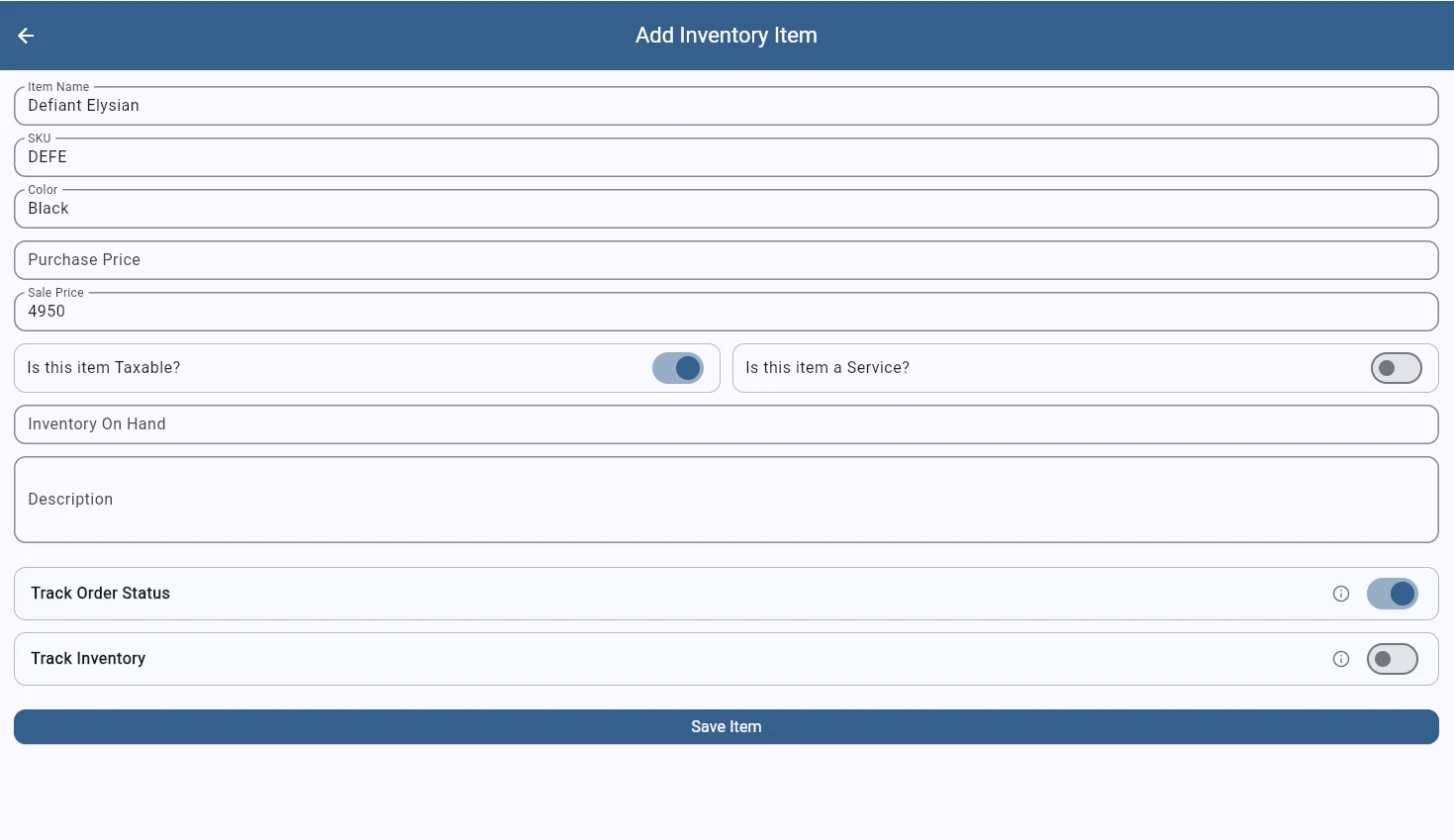 SaddleWorks add inventory item form with fields for name, SKU, pricing, and tracking options