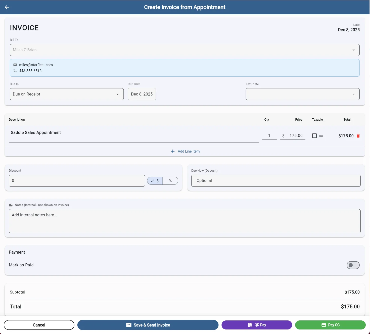 SaddleWorks create invoice form with line items, tax settings, discounts, and multiple payment options