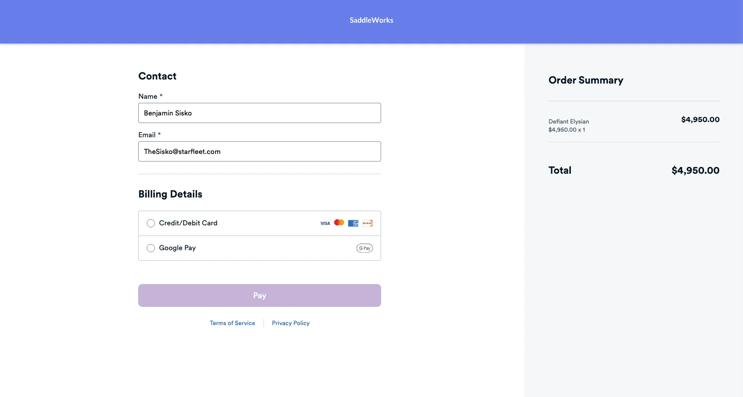 SaddleWorks checkout page accepting credit card, debit card, and Google Pay with order summary