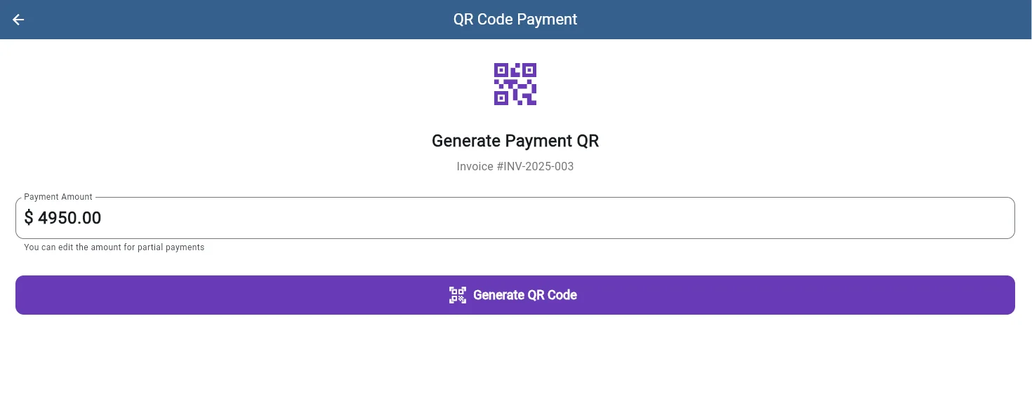 SaddleWorks QR code payment generator with editable amount for partial payments