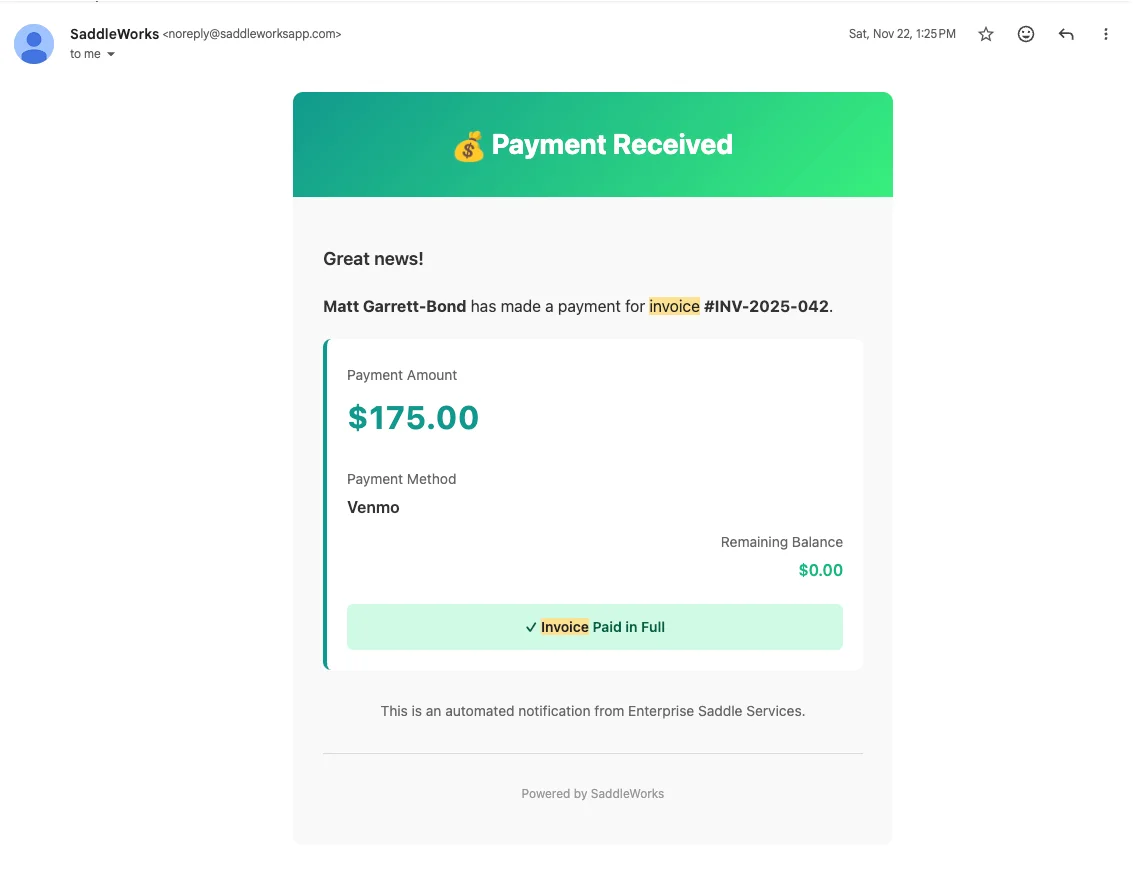 SaddleWorks payment received email notification showing amount, payment method, and remaining balance