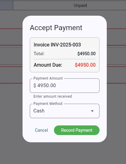 SaddleWorks accept payment modal for recording cash, check, Venmo, or PayPal payments