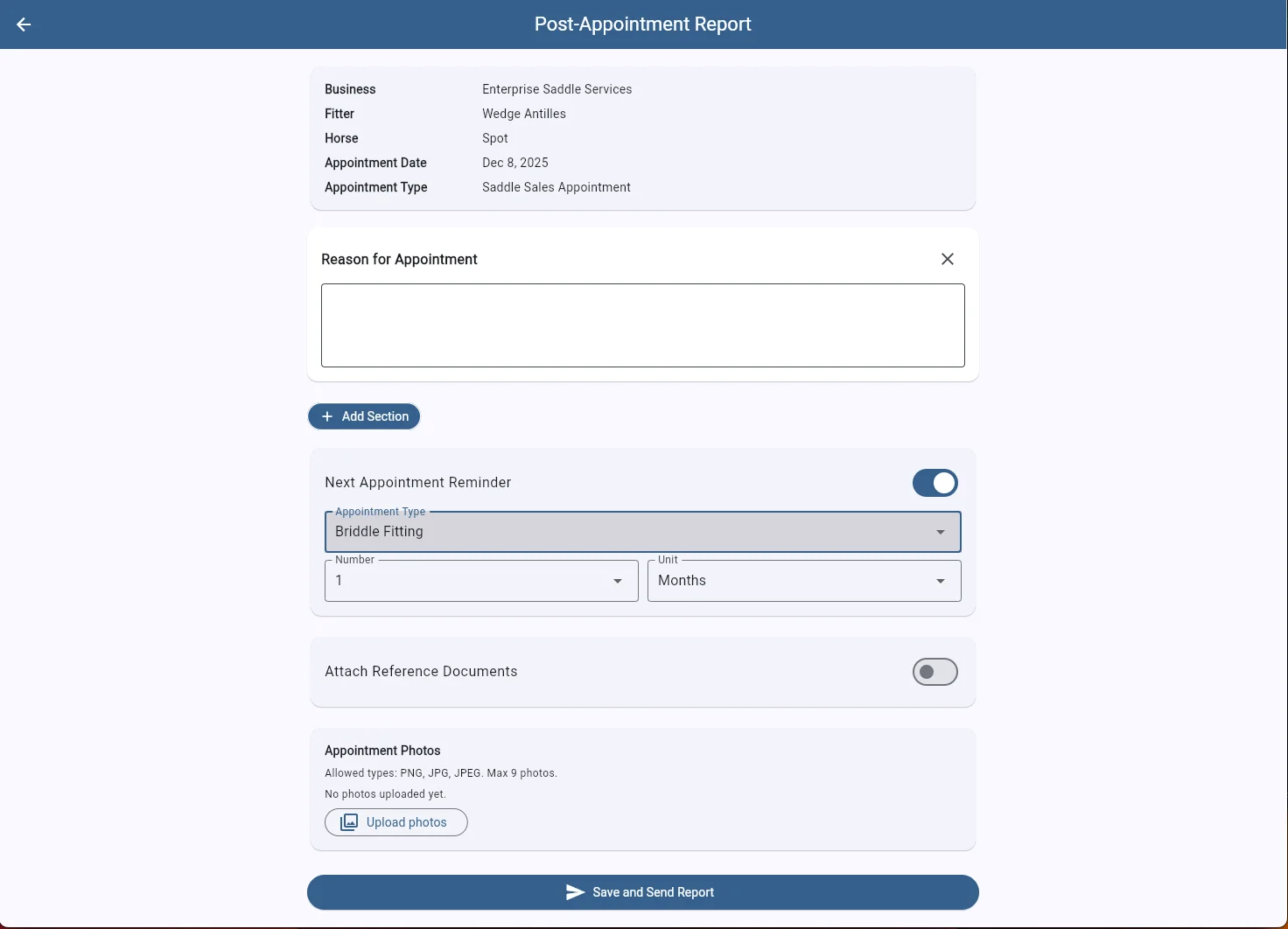 SaddleWorks post-appointment report form with appointment details, notes, and photo upload