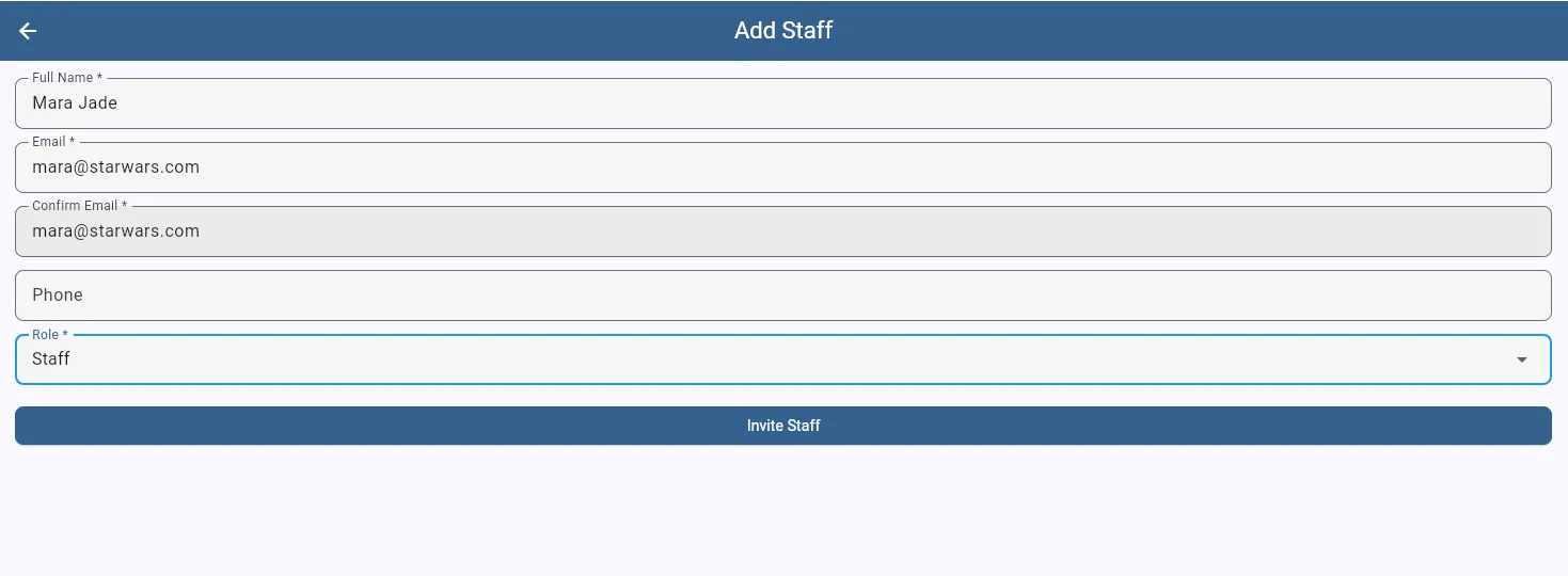 SaddleWorks add staff form with fields for name, email, phone, and role selection