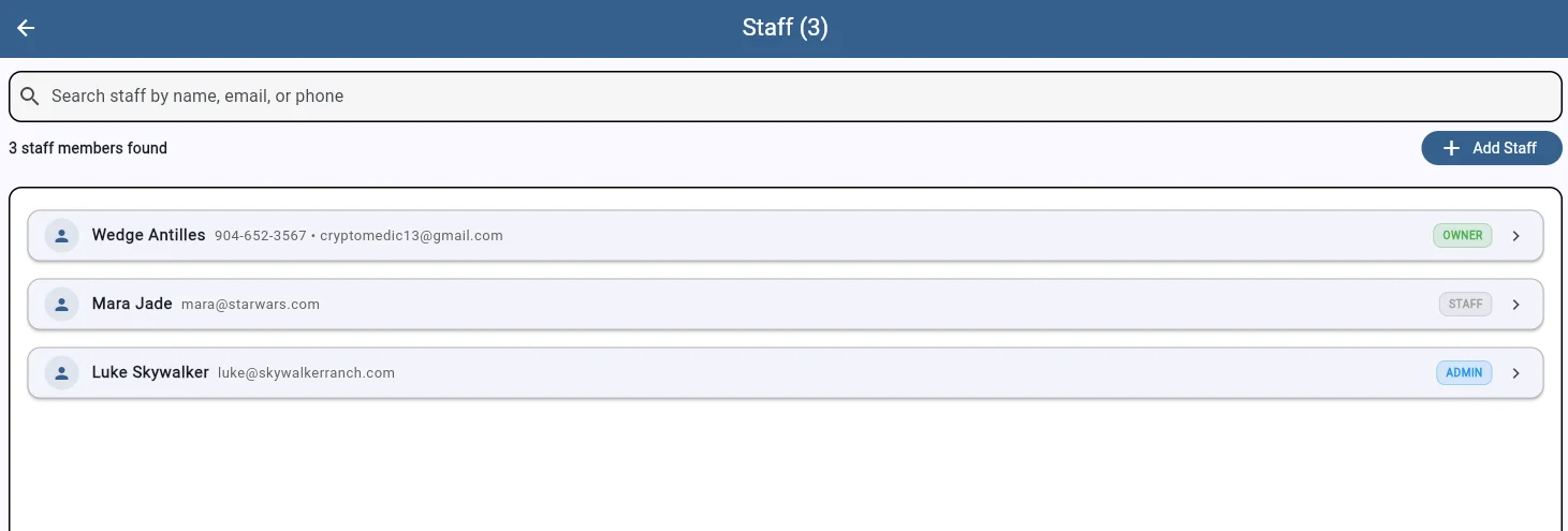 SaddleWorks staff list showing team members with roles including Owner, Admin, and Staff